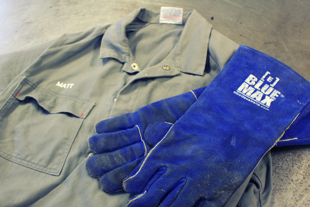 Matt MacLeod's welding overalls and gloves