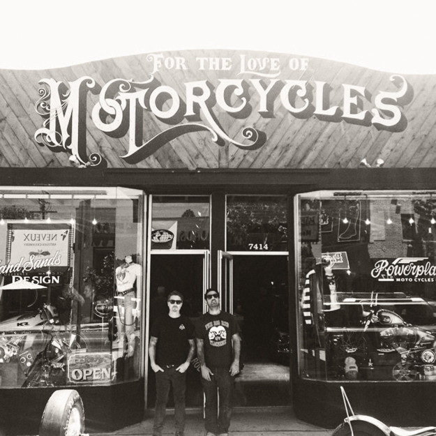 Custom motorcycle builders Yaniv Evan and Roland Sands, owners of For The Love Of Motorcycles on Melrose Avenue.