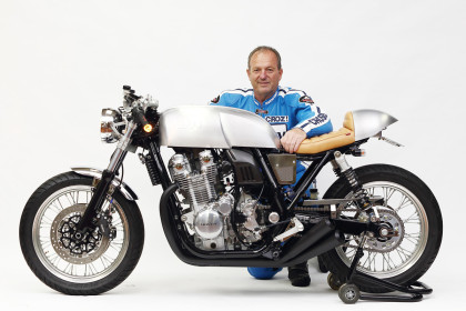 Legendary racer Graeme Crosby with the Moriwaki 40th Anniversary Honda CB1100 cafe racer.