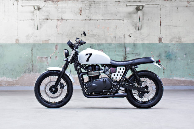 This Triumph Scrambler has been modified by to suit the city streets of Gothenburg.