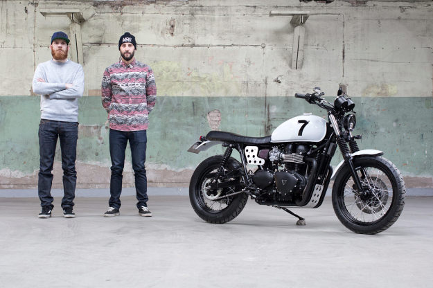 This Triumph Scrambler has been modified by to suit the city streets of Gothenburg.