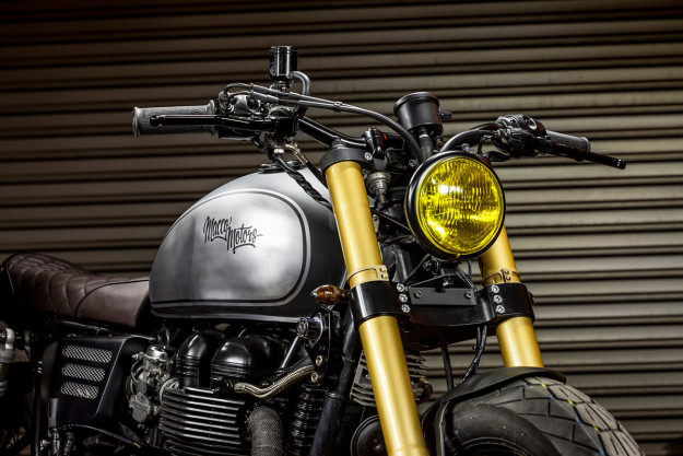 The Maltese Falcon: A Triumph Bonneville cafe racer with Ducati forks by Macco Motors.