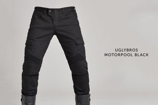 New from uglyBROS: a solid black version of the hugely popular Motorpool motorcycle jeans.