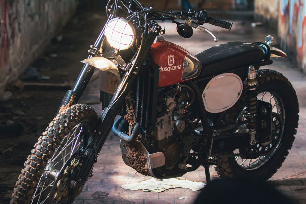 This Husqvarna 510 looks like a vintage dirt bike, but it is actually a cleverly disguised modern-day motorcycle.