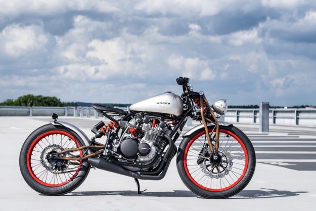 Hard to believe this this board tracker-style custom with a one-off girder fork started life as a Suzuki GS550E.