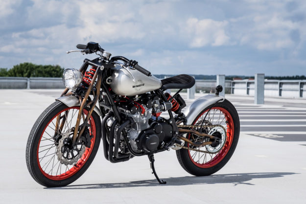 Hard to believe this this board tracker-style custom with a one-off girder fork started life as a Suzuki GS550E.