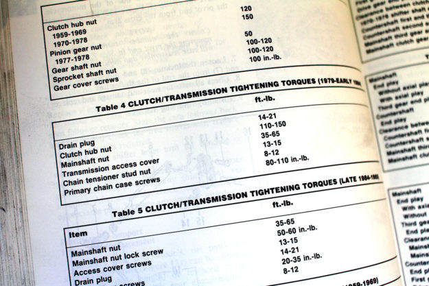 Torque specs in a motorcycle service manual