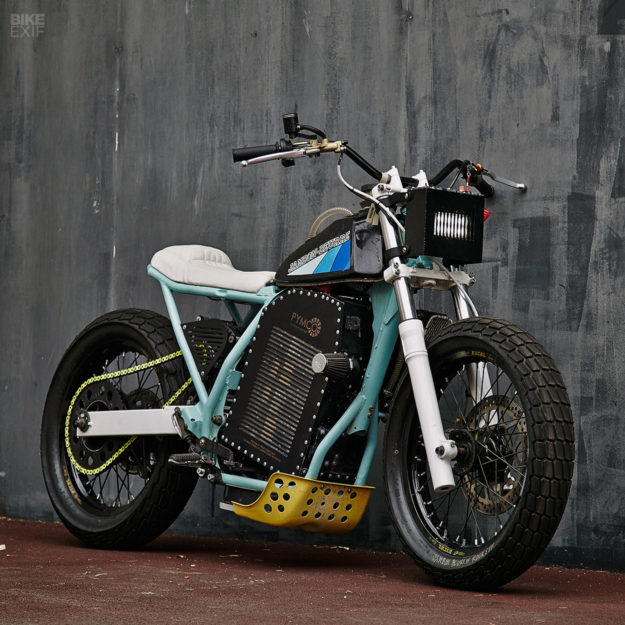 Custom electric tracker motorcycle with military drone powerplant