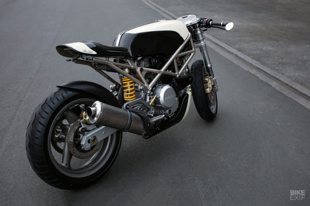 A Ducati Monster 400 cafe racer with basalt fiber bodywork