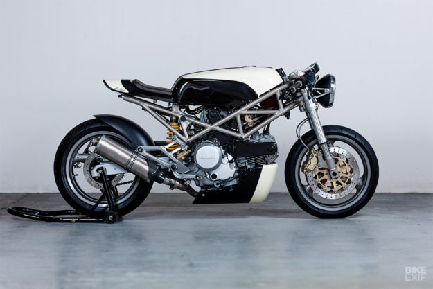 A Ducati Monster 400 cafe racer with basalt fiber bodywork