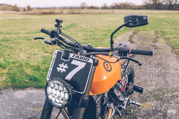 A heavily customized Honda CX650 scrambler built by Freeride for a former supermoto racer