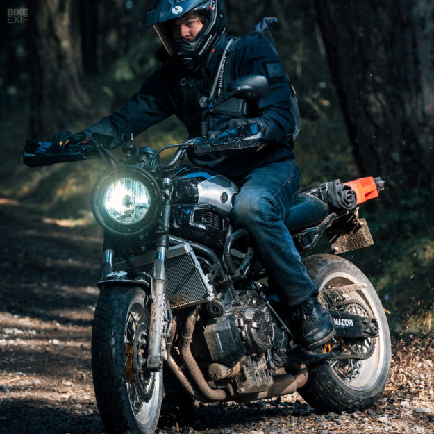 Velomacchi's trail-ready Yamaha XSR700 scrambler is equipped with a drone