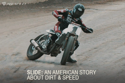 Slide: A flat track motorcycle racing video
