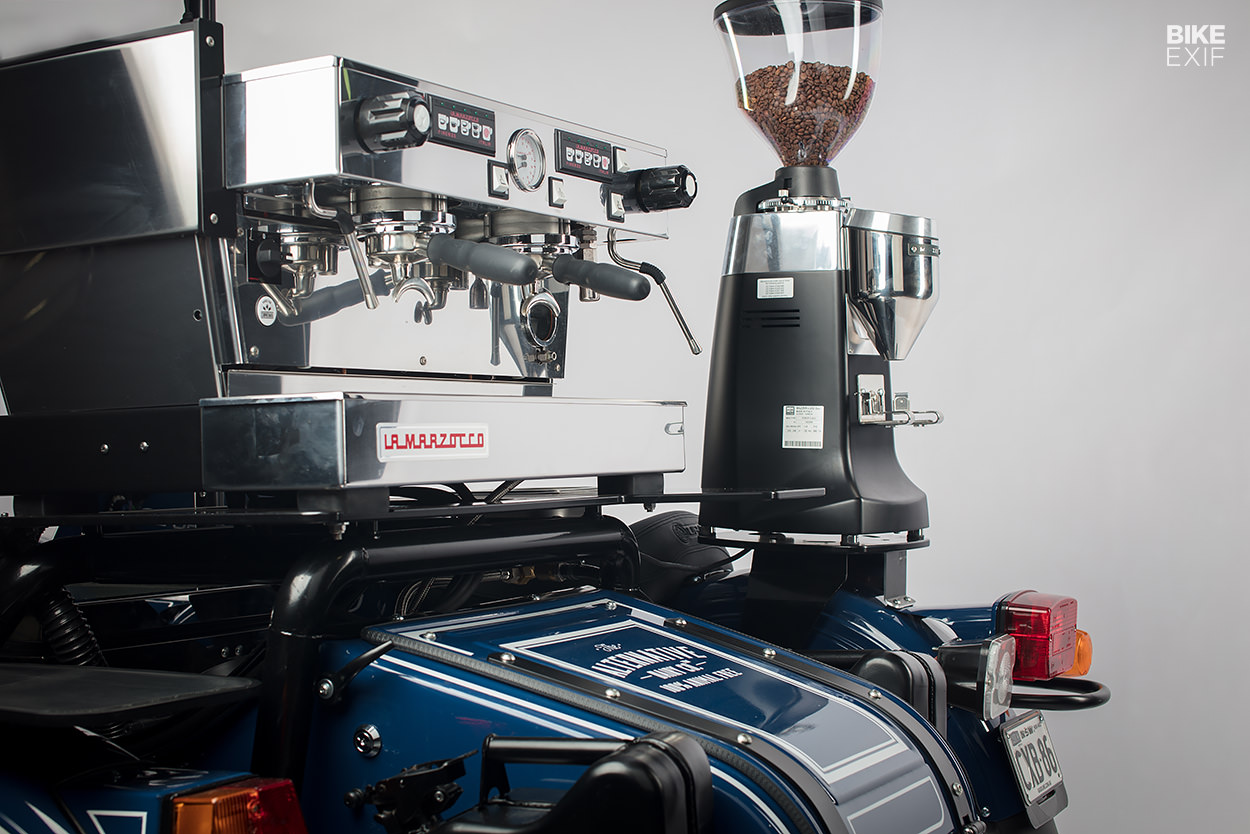 Coffee cart: A Ural motorcycle with a La Marzocco coffee machine