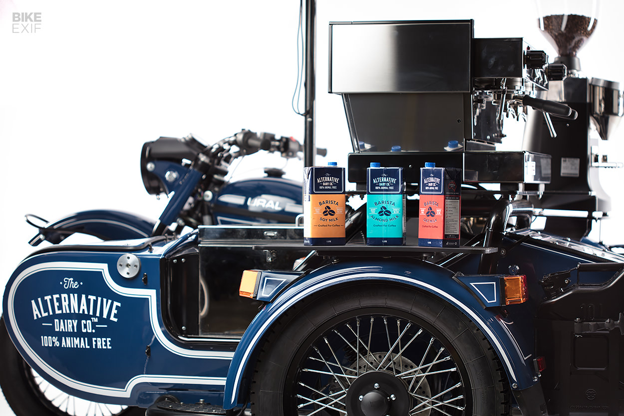Coffee cart: A Ural motorcycle with a La Marzocco coffee machine
