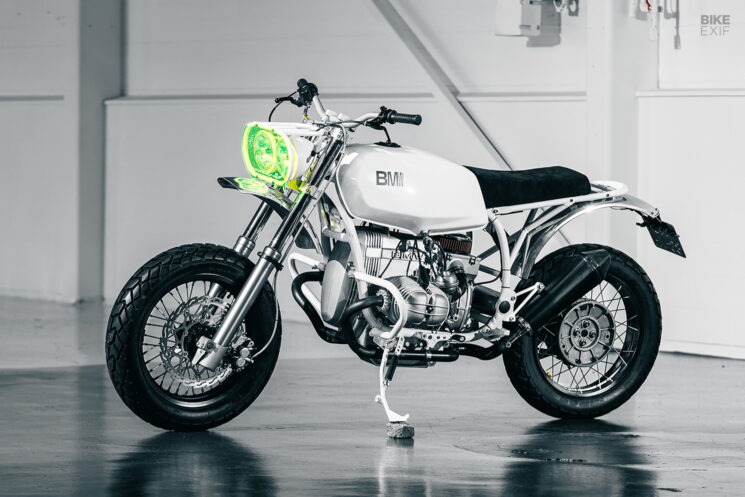 Custom BMW R80 scrambler in arctic white