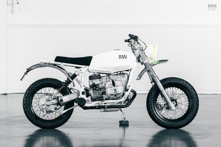 Custom BMW R80 scrambler in arctic white