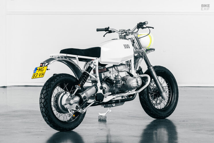 Custom BMW R80 scrambler in arctic white