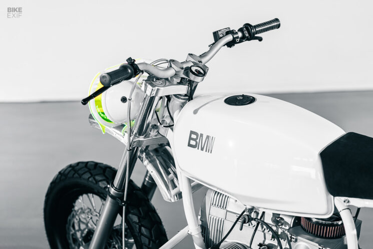 Custom BMW R80 scrambler in arctic white