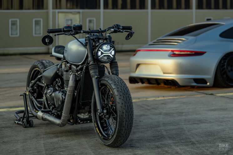 Custom Triumph Bobber with matching Porsche 911 by Motocrew