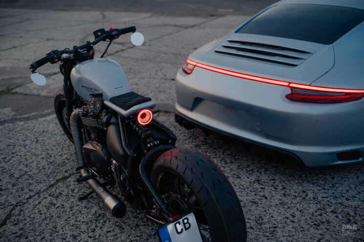 Custom Triumph Bobber with matching Porsche 911 by Motocrew