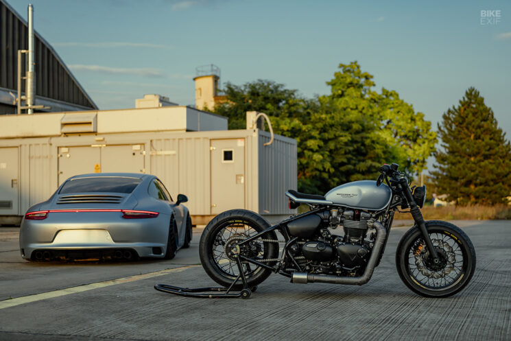 Custom Triumph Bobber with matching Porsche 911 by Motocrew